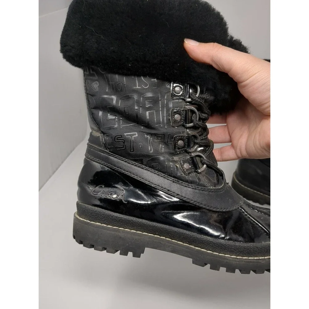 Coach Leonora Black Faux Fur Lace-Up Snow Winter Boots Signature Size 6 B Y2K‎